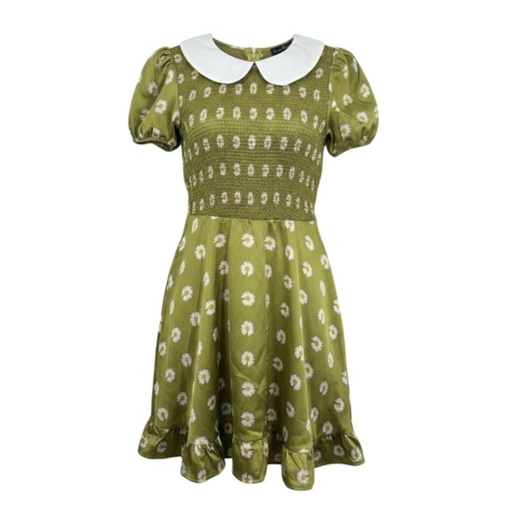 Smak Parlour Modcloth Retro Green Daisy Smocked Mini‎ Dress Peter Pan Collar NWT